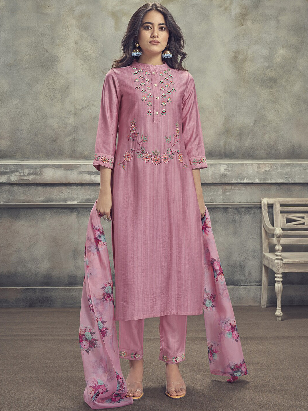 Indo Era Pink Floral Embroidered Kurta & Trousers With Dupatta