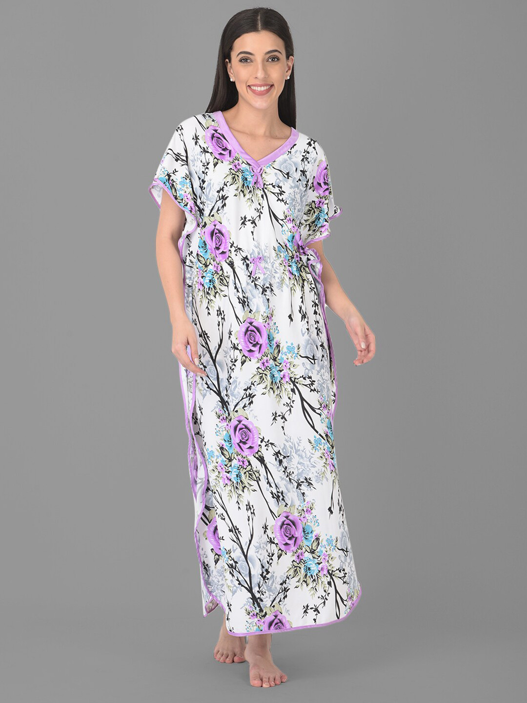 Noty Floral Printed V-Neck Maxi Kaftan Nightdress