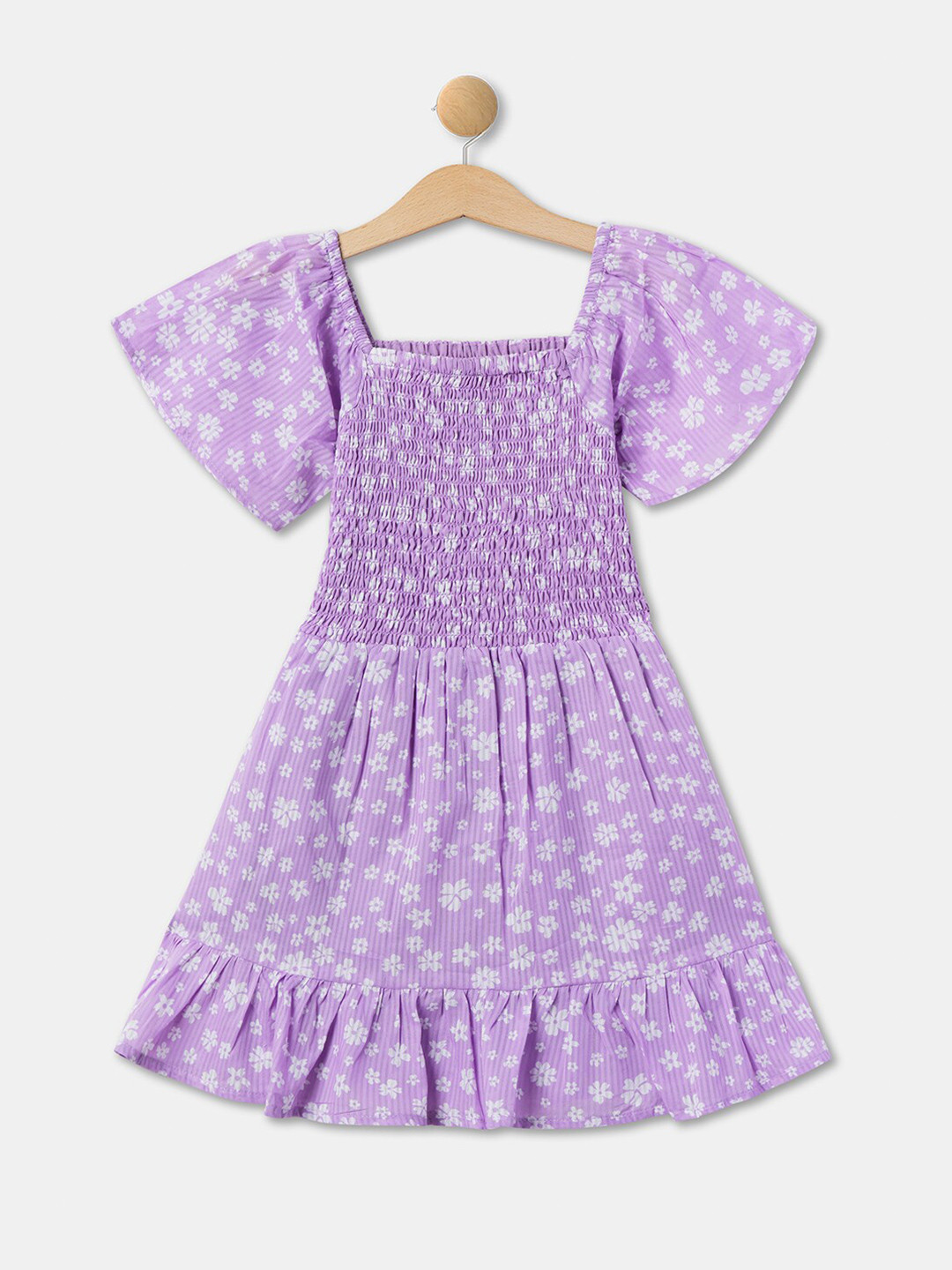 R&B Girls Floral Printed Smocked Detailed Cotton Fit & Flare Dress