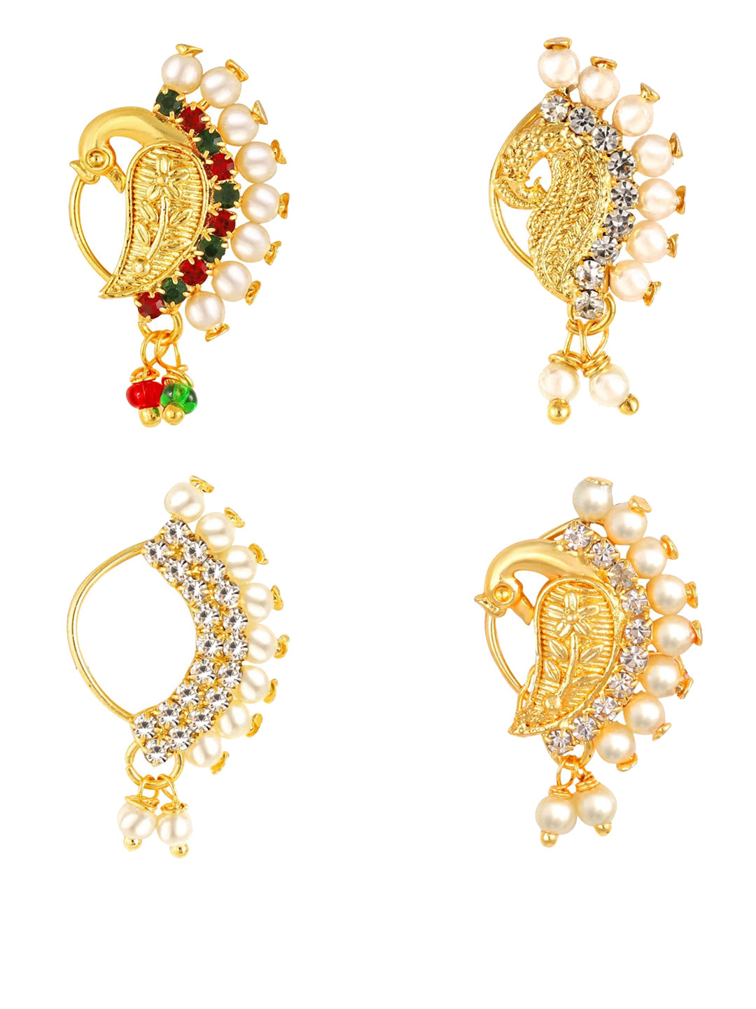Vighnaharta Set Of 4 Gold-Plated AD Stone-Studded & Pearl Naths