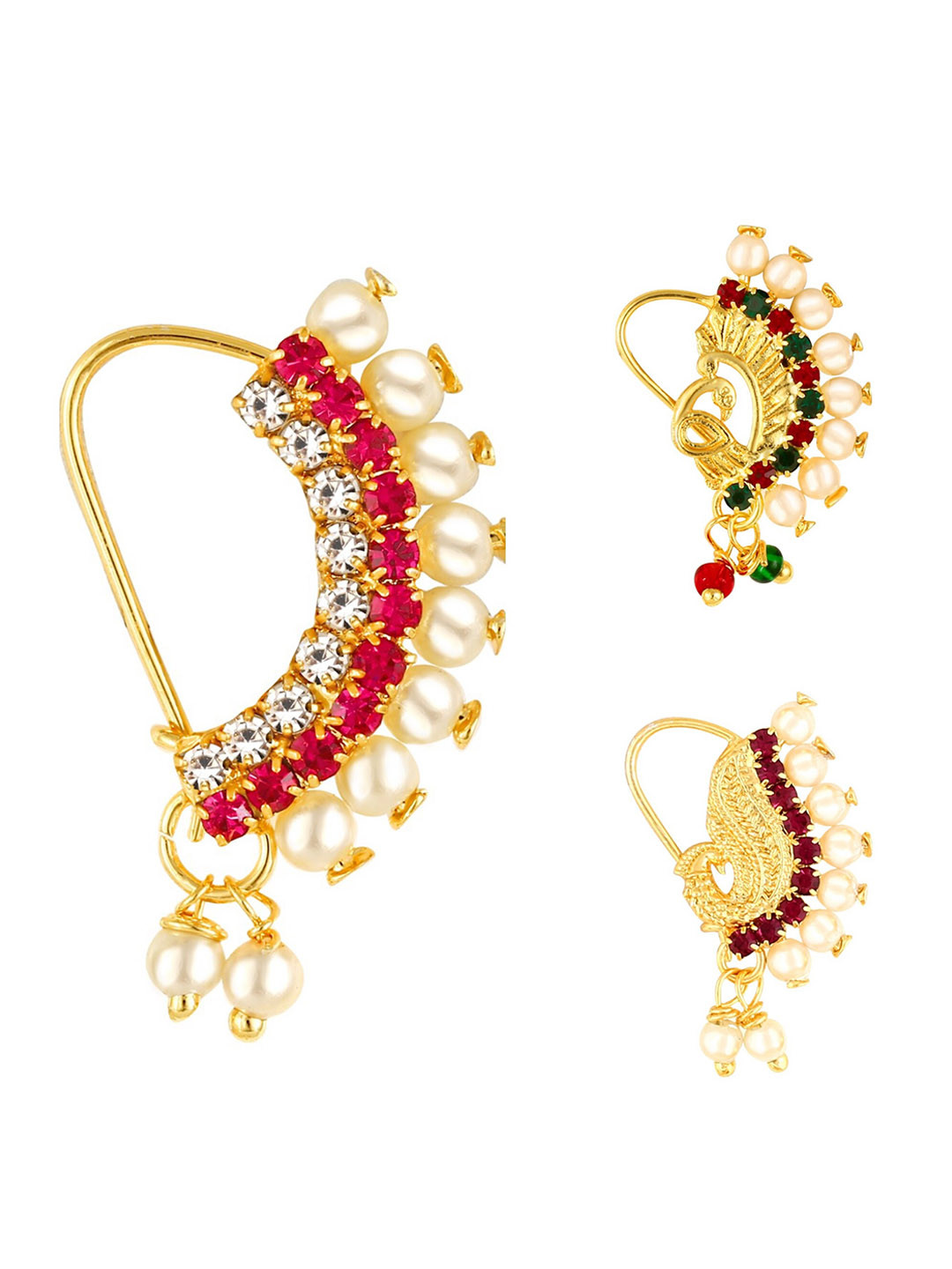 Vighnaharta Set of 3 Gold-Plated AD-Studded Clip-On Nath Nosepins