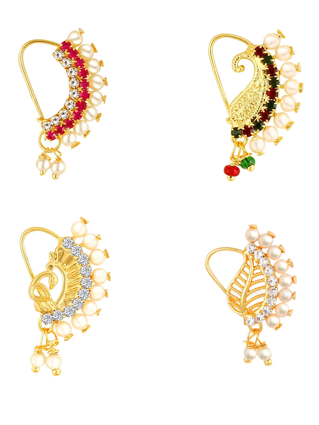 Vighnaharta Set Of 4 Gold-Plated American Diamond Stone Studded & Beaded Nosepins