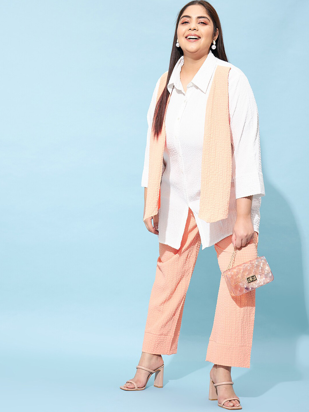 Athena Ample Collar Neck Shirt With Flared Palazzos & Scarf Co-Ords