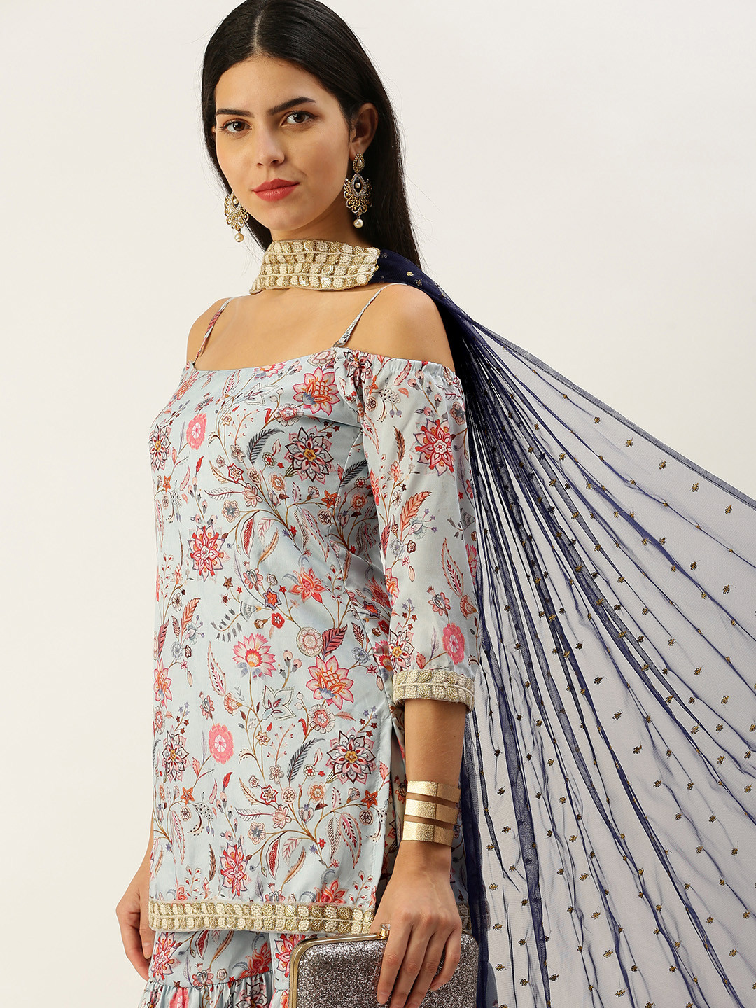 Ethnovog Floral Printed Regular Beads & Stones Kurti with Sharara & Dupatta