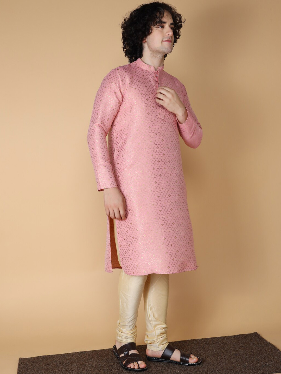 NAMASKAR Men Pink Floral Regular Pure Silk Kurta with Churidar