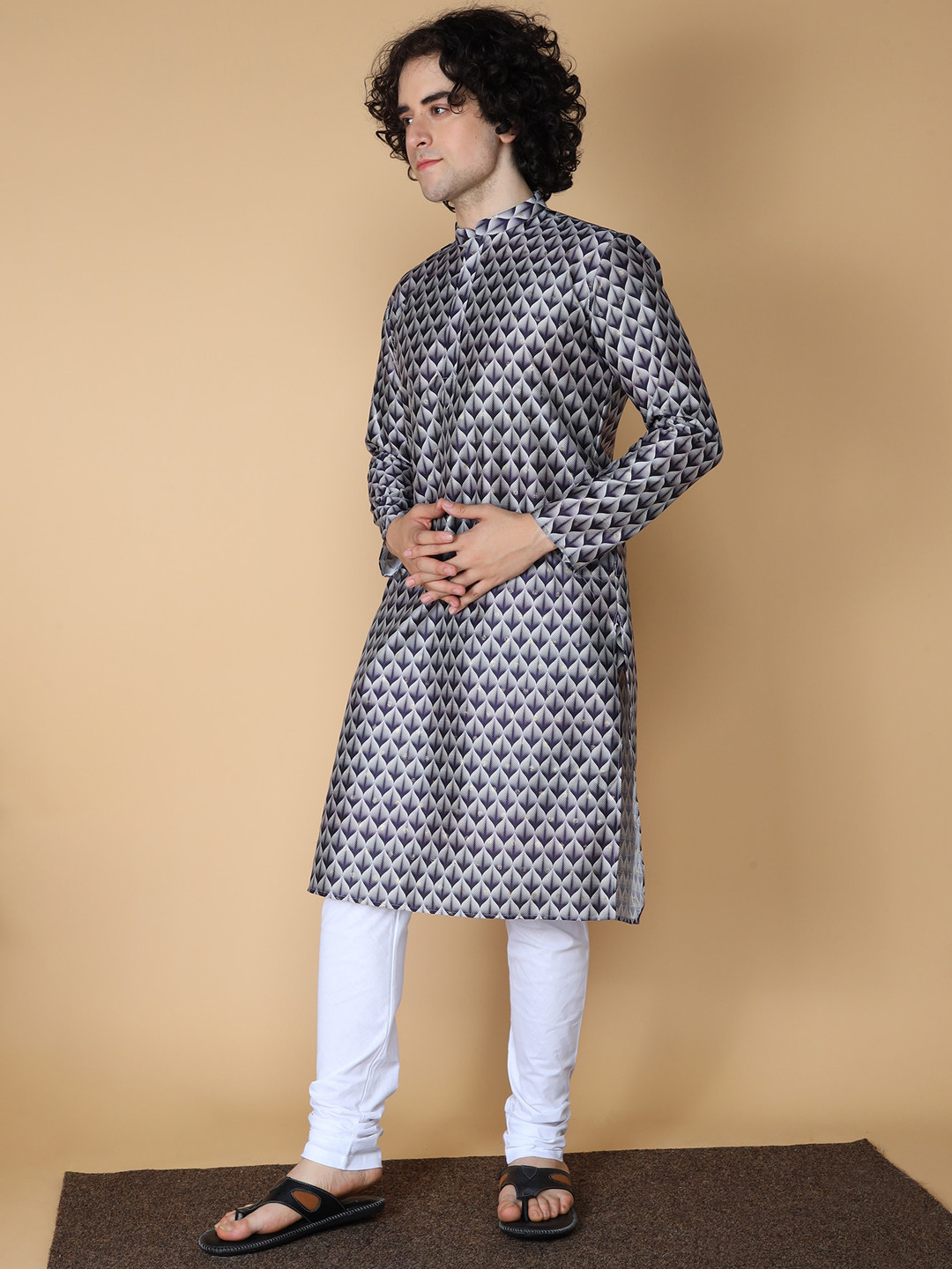 NAMASKAR Men Navy Blue Printed Regular Pure Silk Kurta with Churidar