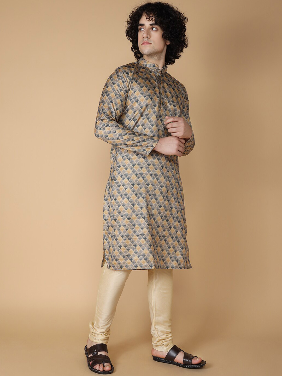 NAMASKAR Men Grey Printed Regular Pure Silk Kurta with Churidar