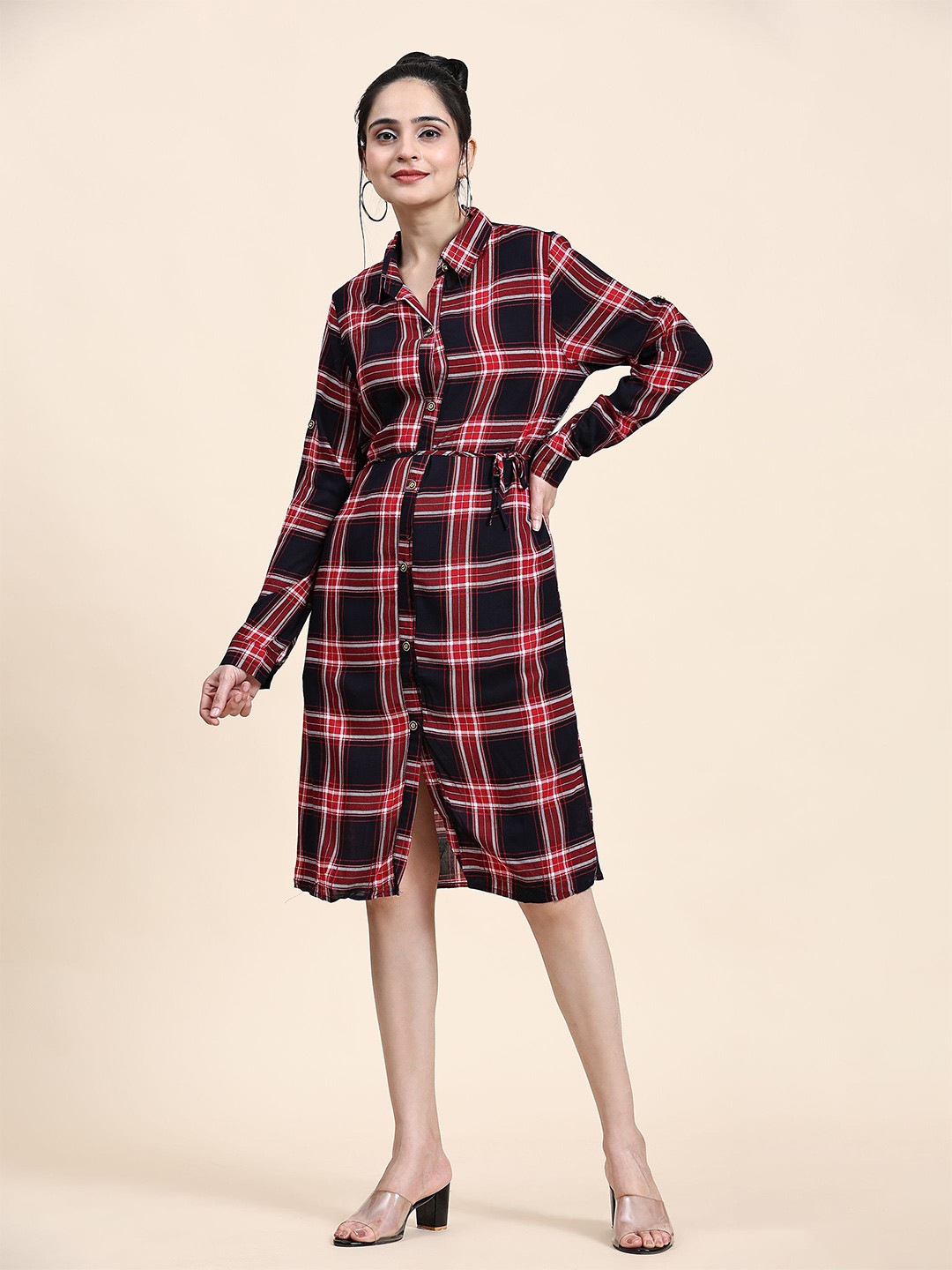 RACHNA Checked Cotton Shirt Dress