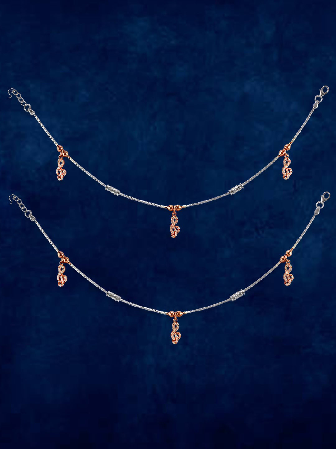 Taraash Set Of 2 925 Sterling Silver Stone Studded Music Charm Anklets