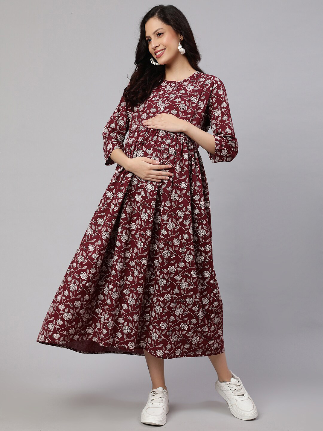 Nayo Burgundy Floral Print Maternity Empire Midi Dress