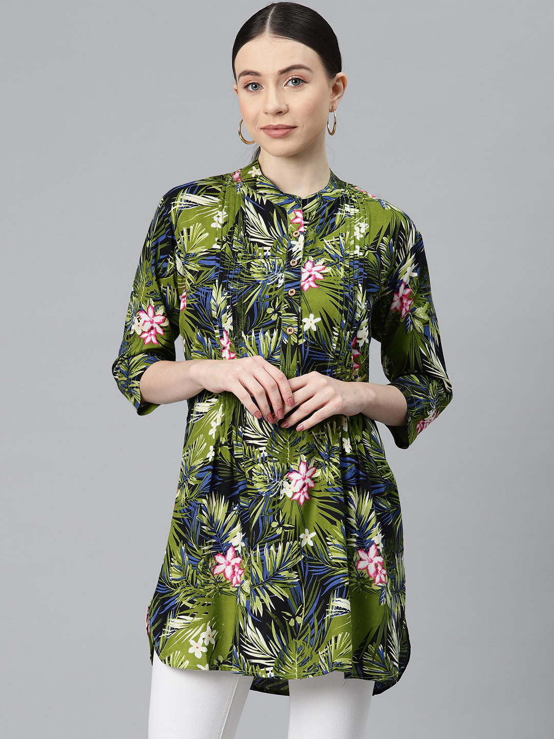 One Femme Tropical Printed Accordian Pleated Tunic