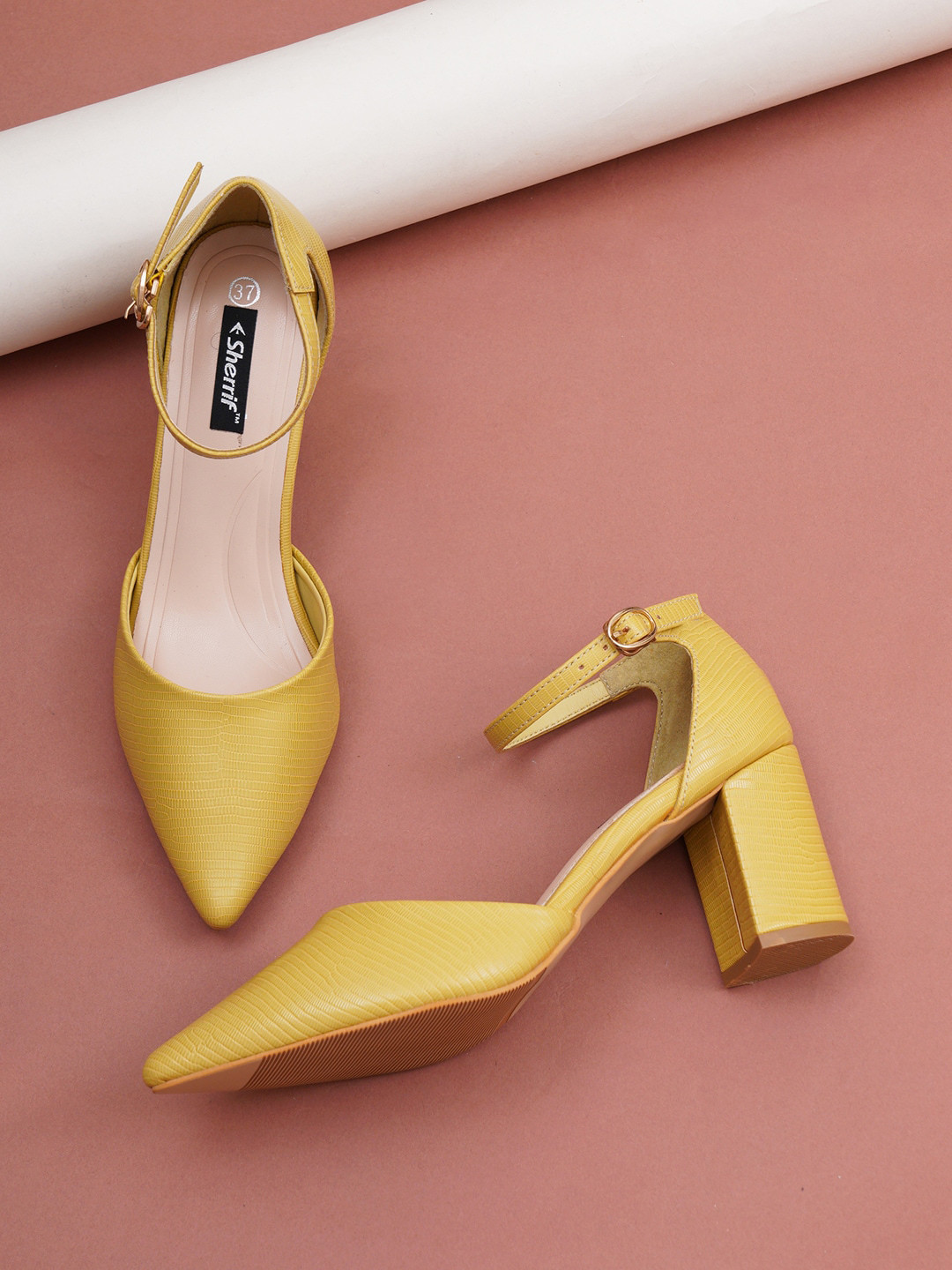 Sherrif Shoes Textured Pointed Toe Block Pumps With Ankle Loop