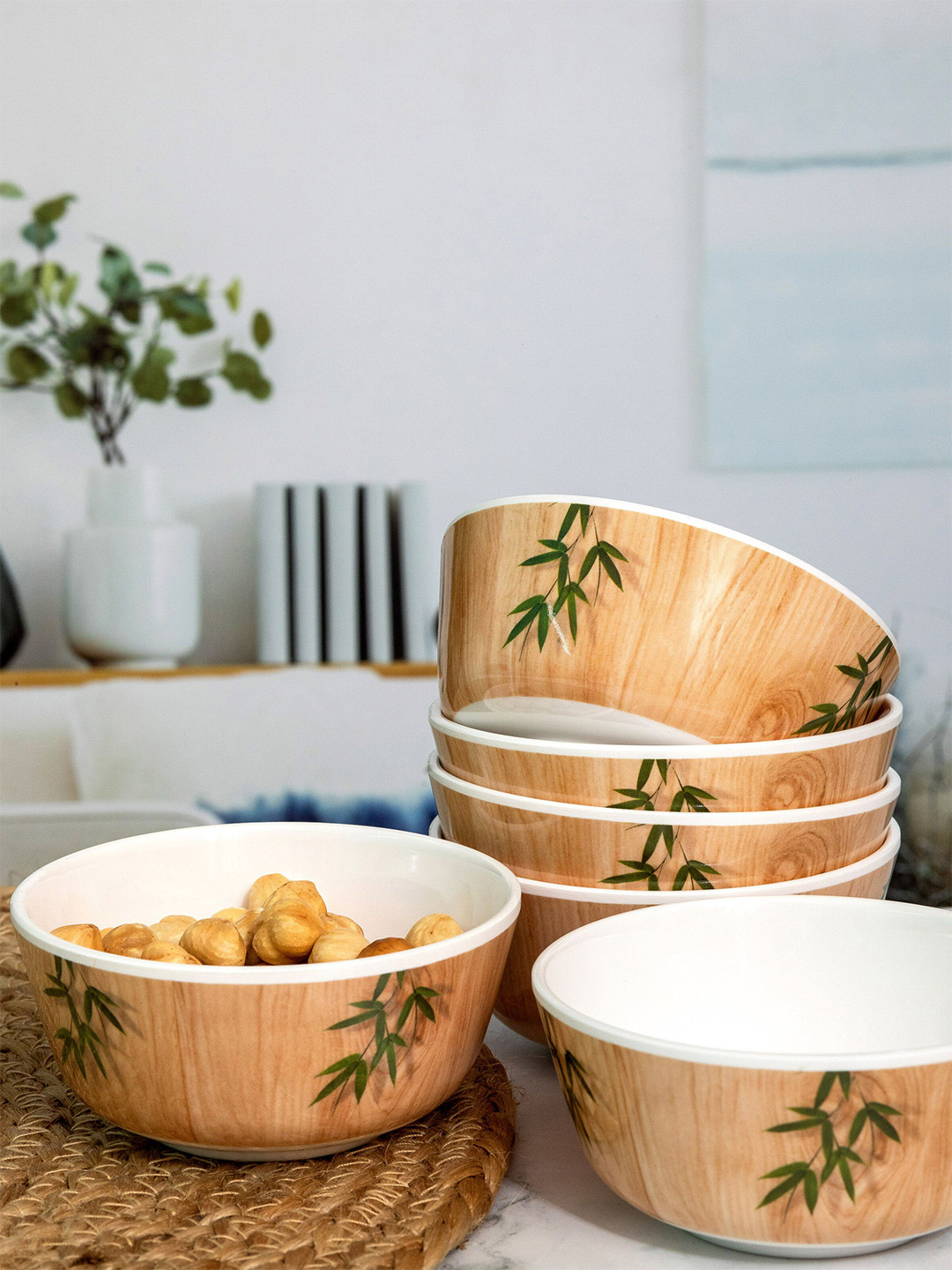 Servewell Beige & White 6 Pieces Floral Printed Melamine Glossy Bowls-240ml Each