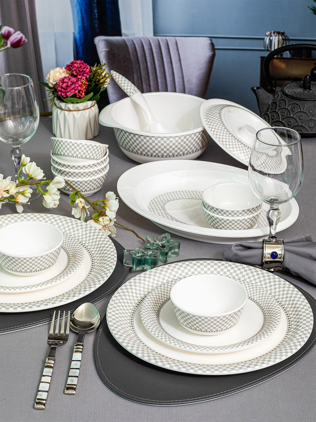 Servewell White 31 Pieces Floral Printed Melamine Glossy Dinner Set