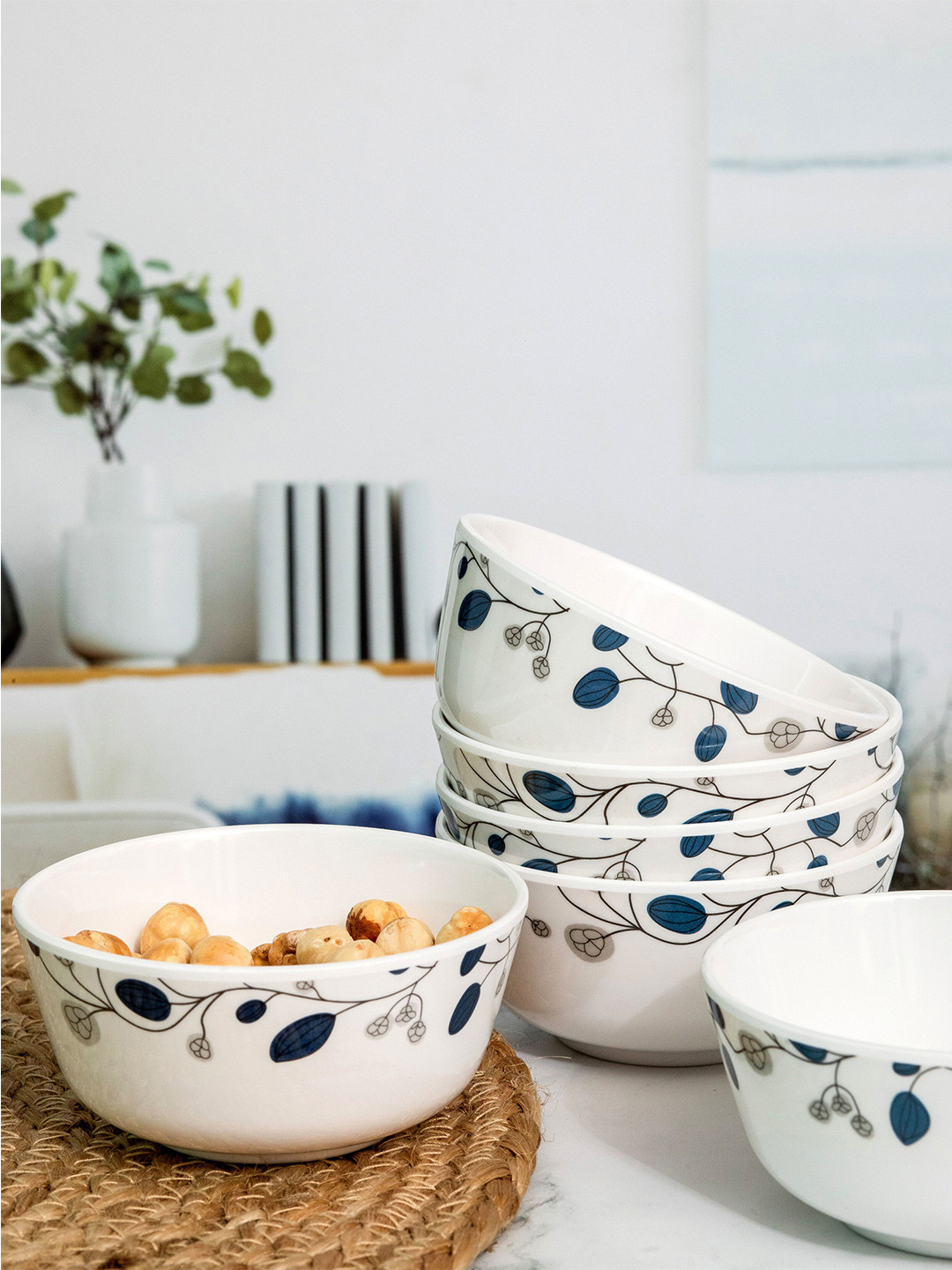 Servewell Blue Dcor White & Blue 6-Pieces Floral Printed Melamine Glossy Bowls 240ml