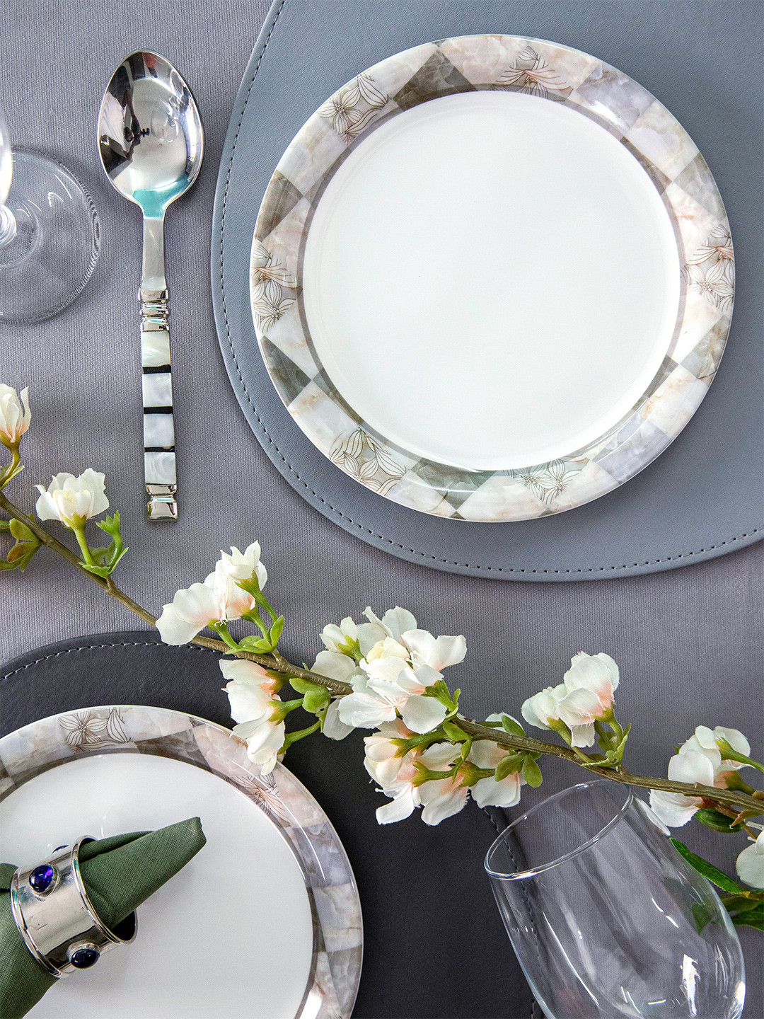 Servewell Supermus White & Grey 6-Pieces Printed Melamine Glossy Plates