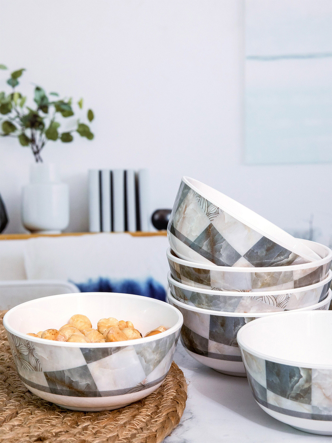 Servewell Supermus White & Grey 6-Pieces Printed Melamine Glossy Bowls 240ml