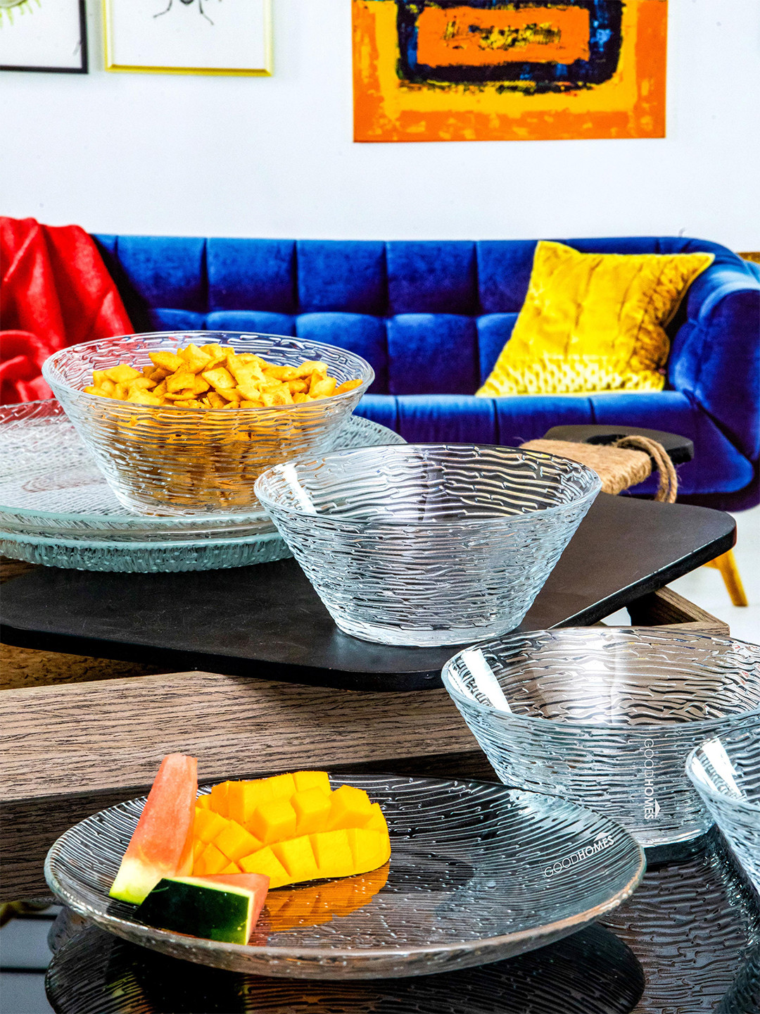 GOODHOMES 8 Pieces Transparent Textured Glass Bowl & Plate Set