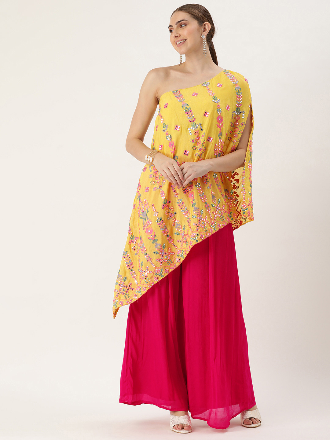 Ethnovog Embroidered One Shoulder Mirror Work Fusion Kurti with Palazzos
