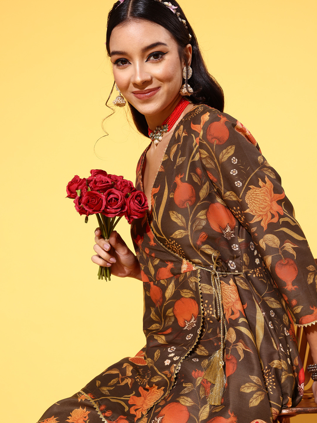 Sangria Autumn Blossom Floral Printed Wrap Style Kurti & Dhoti Pants