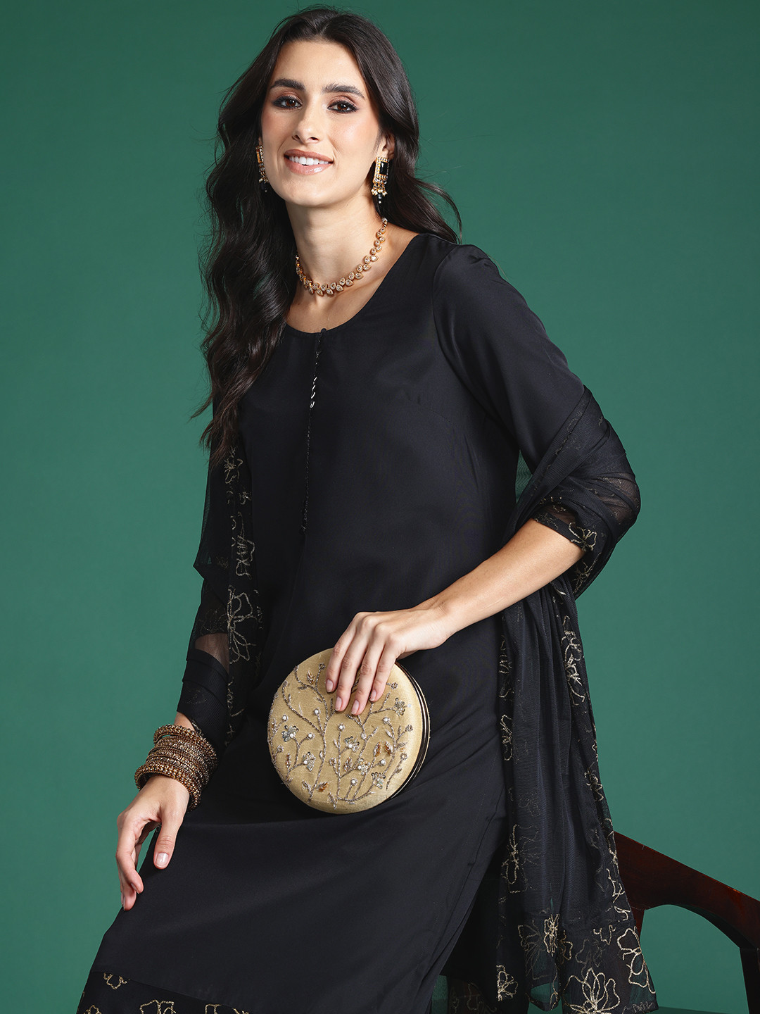 Sangria Floral Sheer Hem Kurta with Palazzos & Dupatta