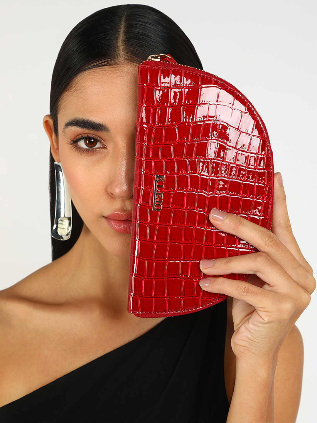 KLEIO Women Croc Textured Half Moon Zip-Around Wallet With Wrist Loop