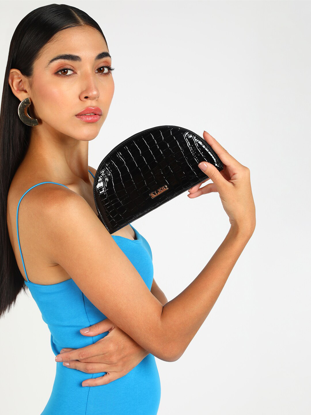 KLEIO Women Croc Textured Half Moon Zip-Around Wallet With Wrist Loop