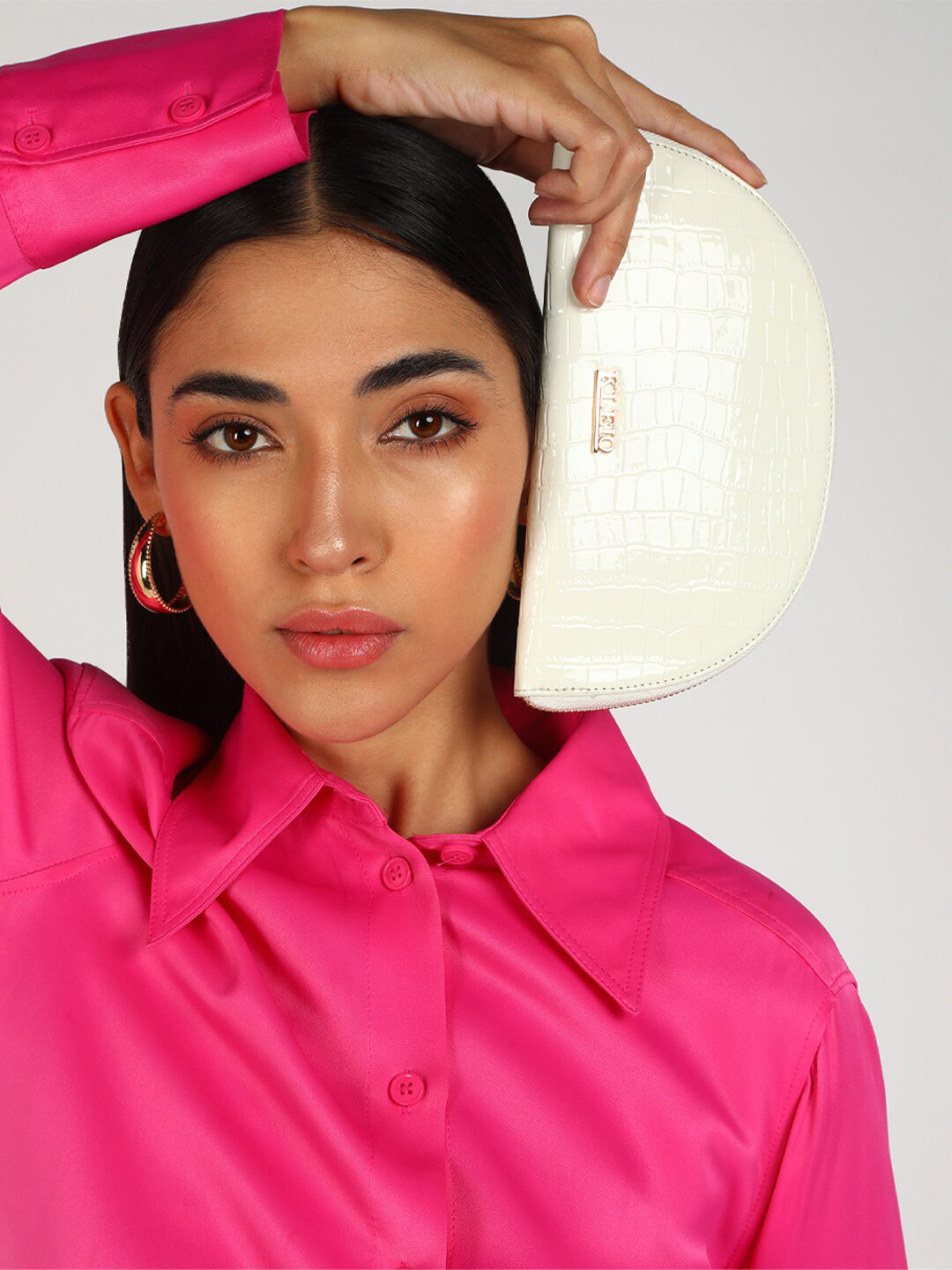 KLEIO Women Croc Textured Half Moon Zip-Around Wallet With Wrist Loop