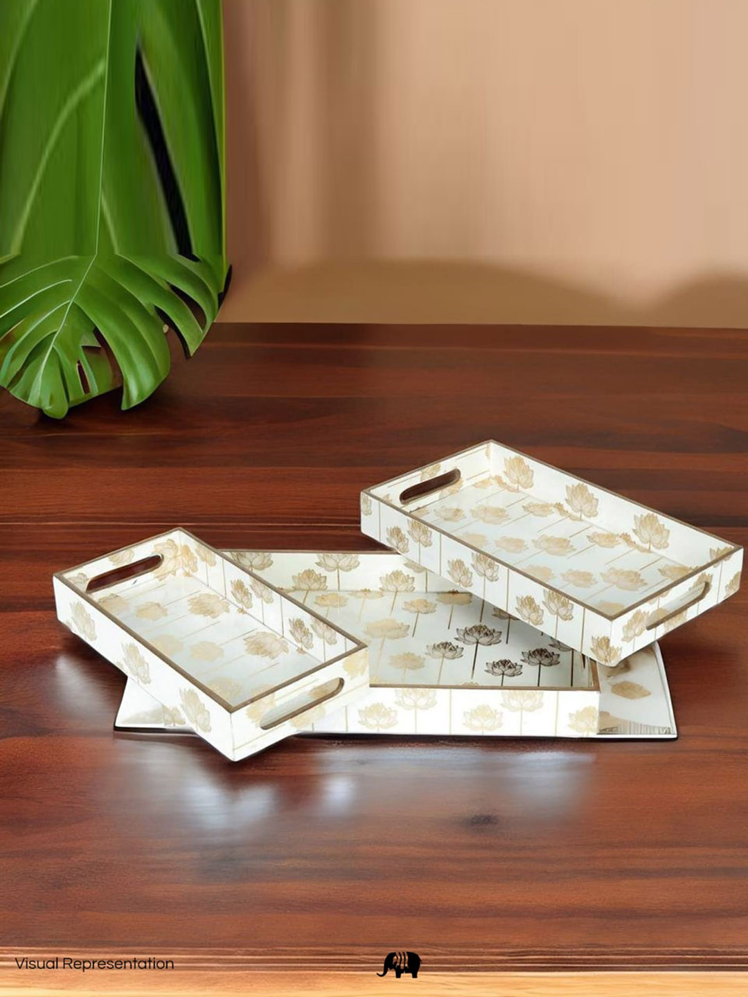 CASA DECOR 3 Pcs White & Golden Lotus Printed Serving Trays