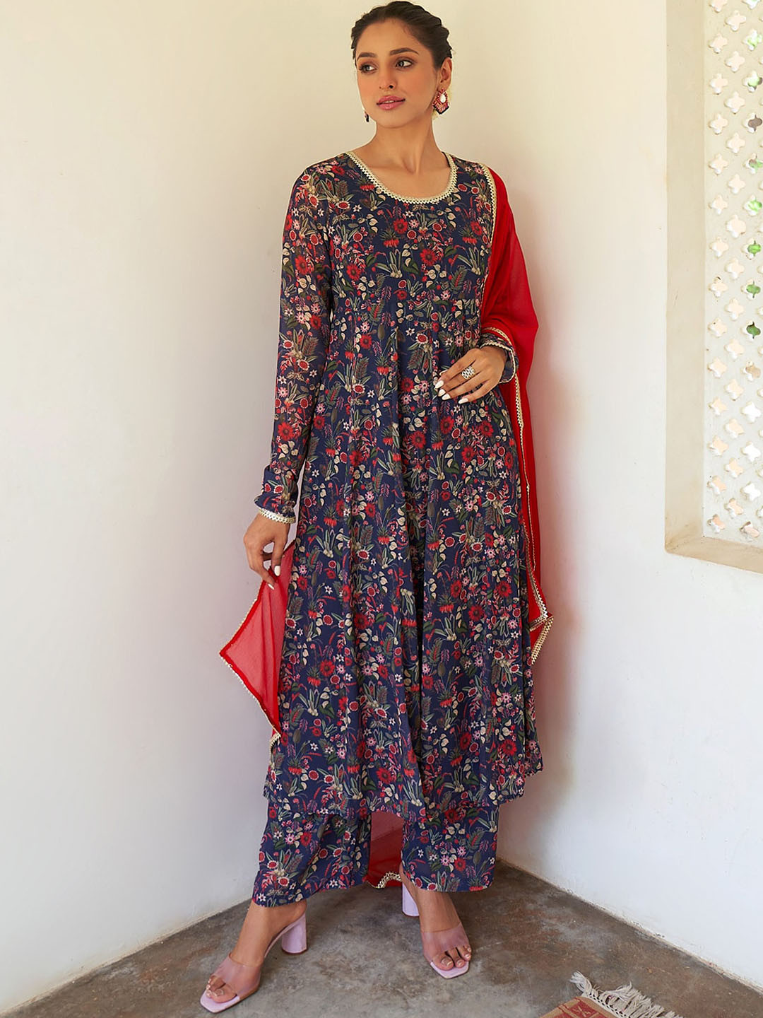 Janasya Floral Printed Gotta Patti Anarkali Kurta and Palazzos With Dupatta
