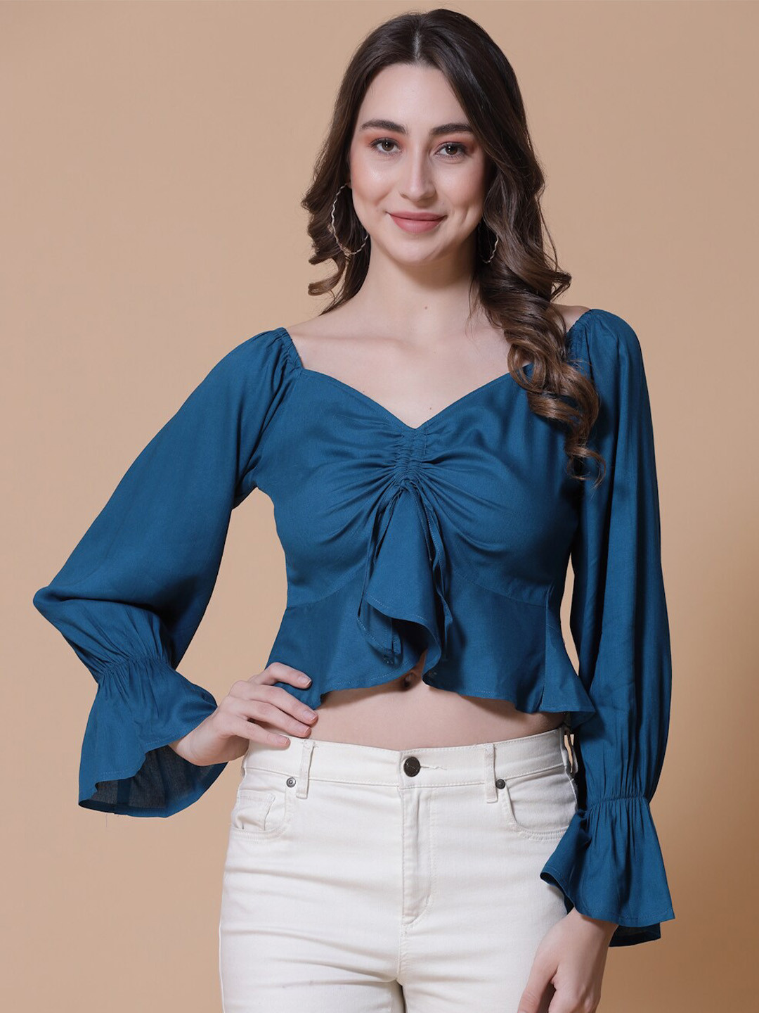 God Bless Teal Bell Sleeve Crop Top