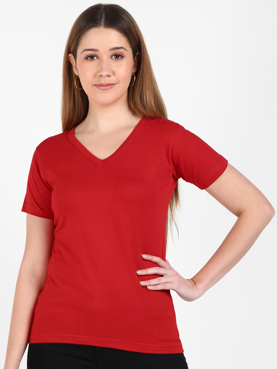 VAHSON Women Red Colourblocked Henley Neck Pure Cotton Raw Edge Slim Fit T-shirt