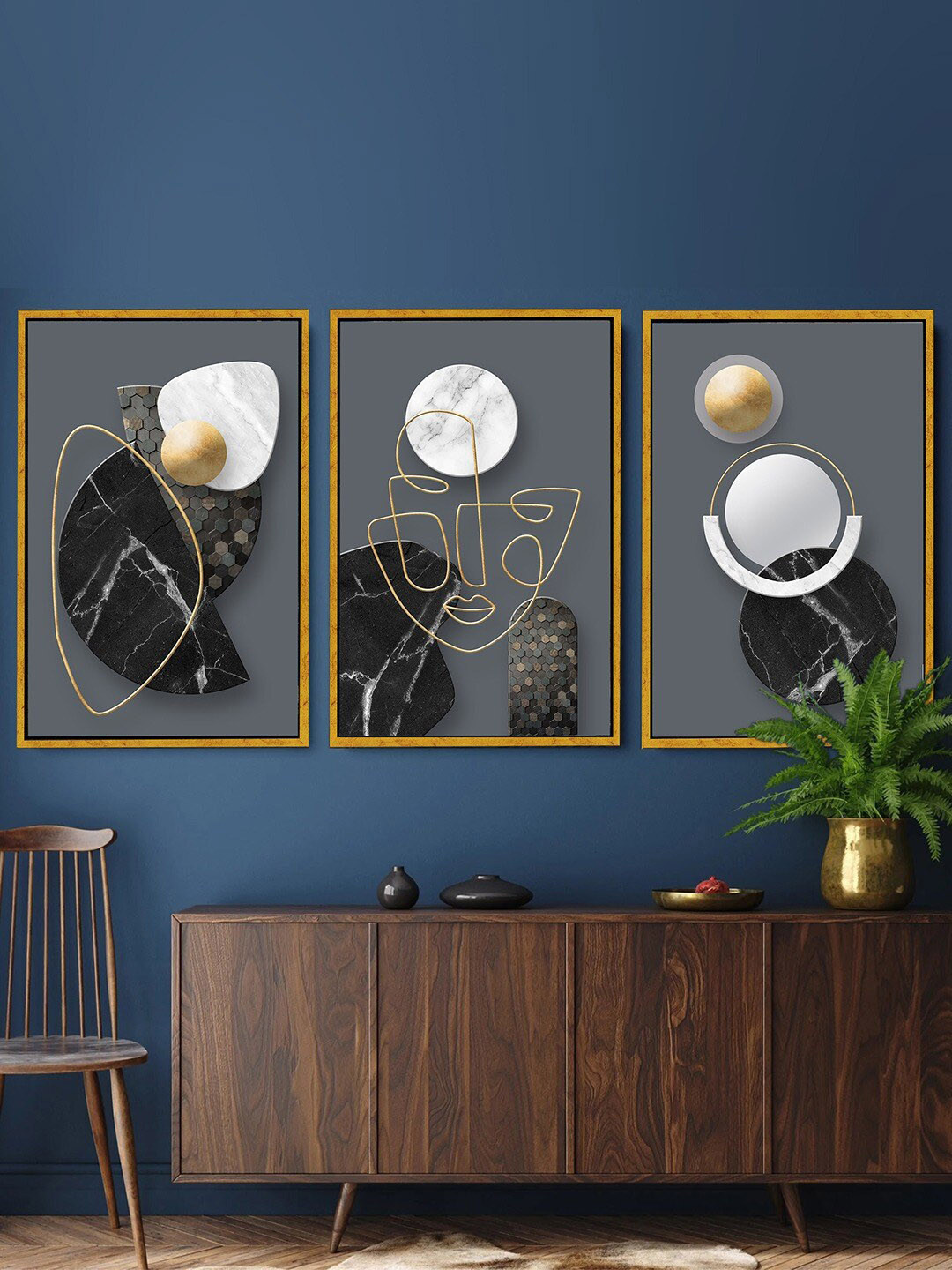 Art Street Grey & Black 3 Pieces Abstract Marble Painting Canvas Wall Arts