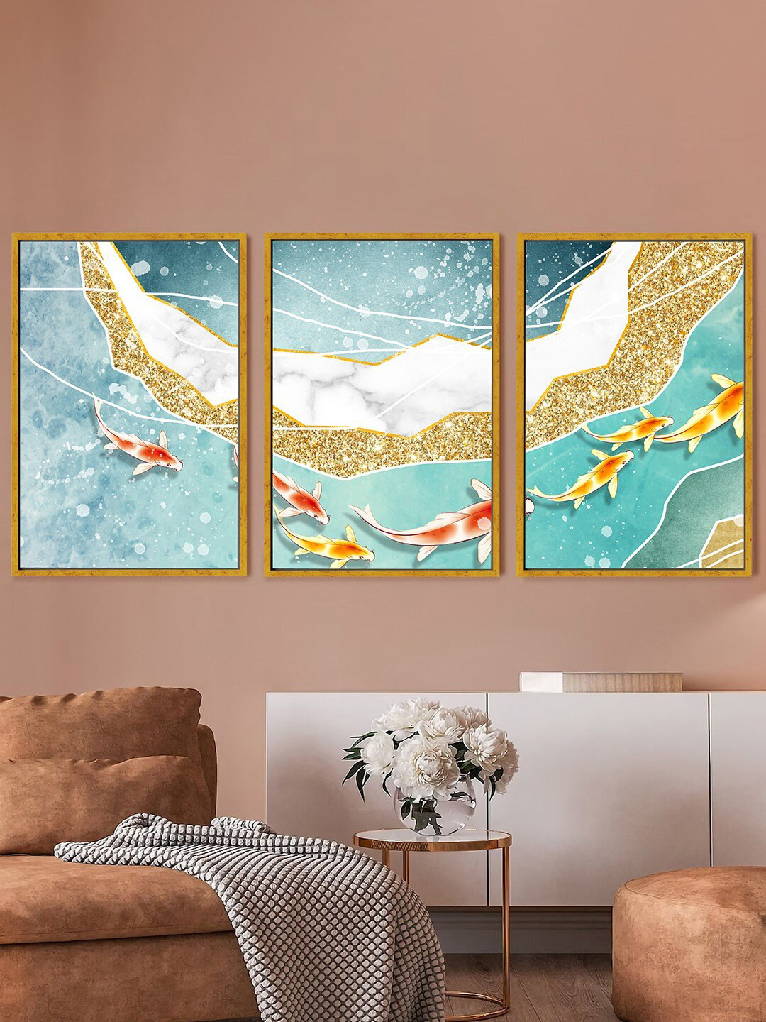 Art Street White & Blue 3 Pieces Golden Fish In the Sea Painting Canvas Wall Arts