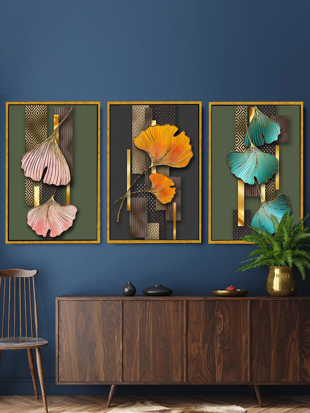 Art Street Green & Yellow 3 Pieces Ginkgo Biloba Painting Canvas Wall Arts