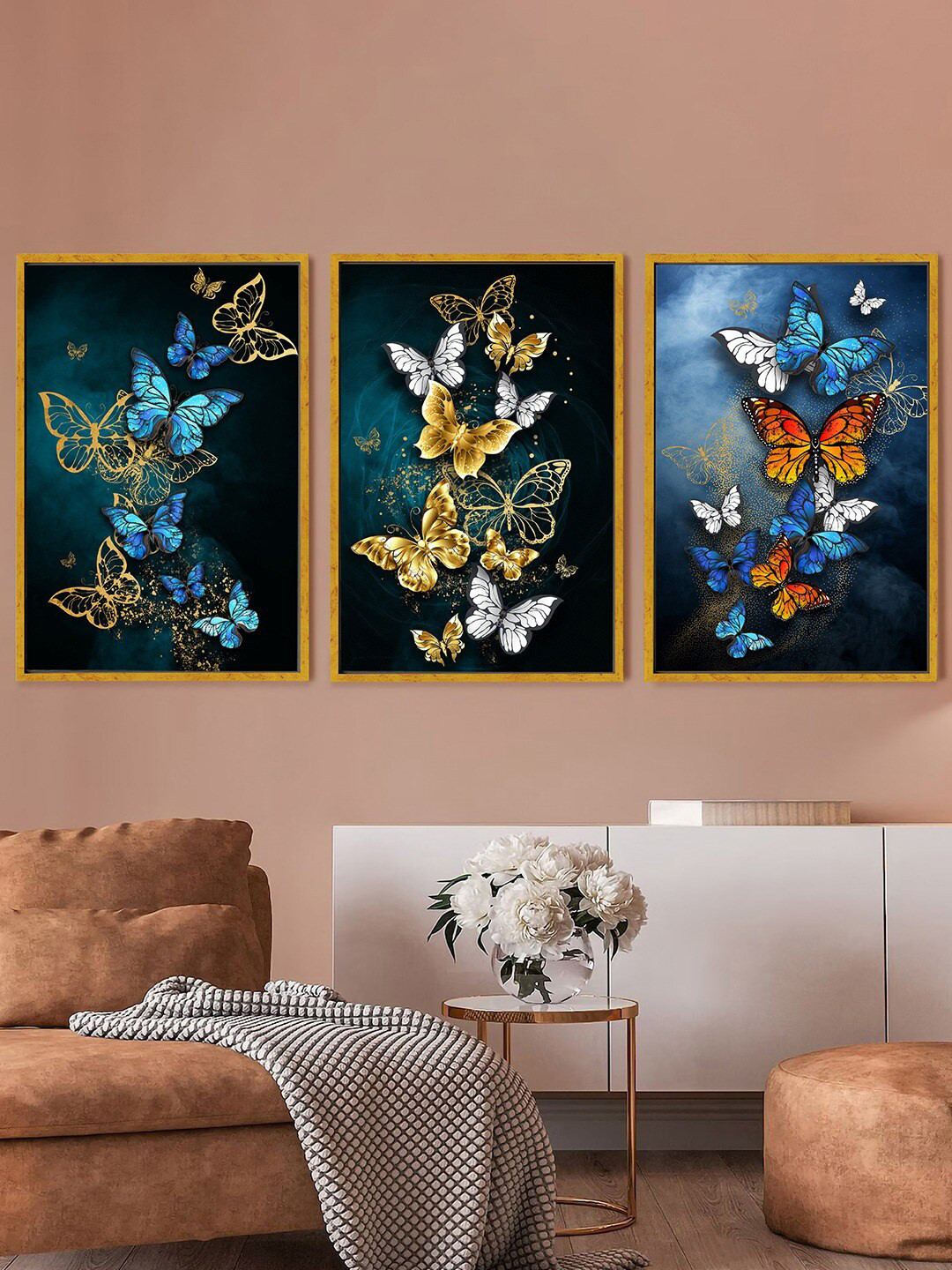 Art Street Blue & Yellow 3 Pieces Butterfly Painting Wall Art