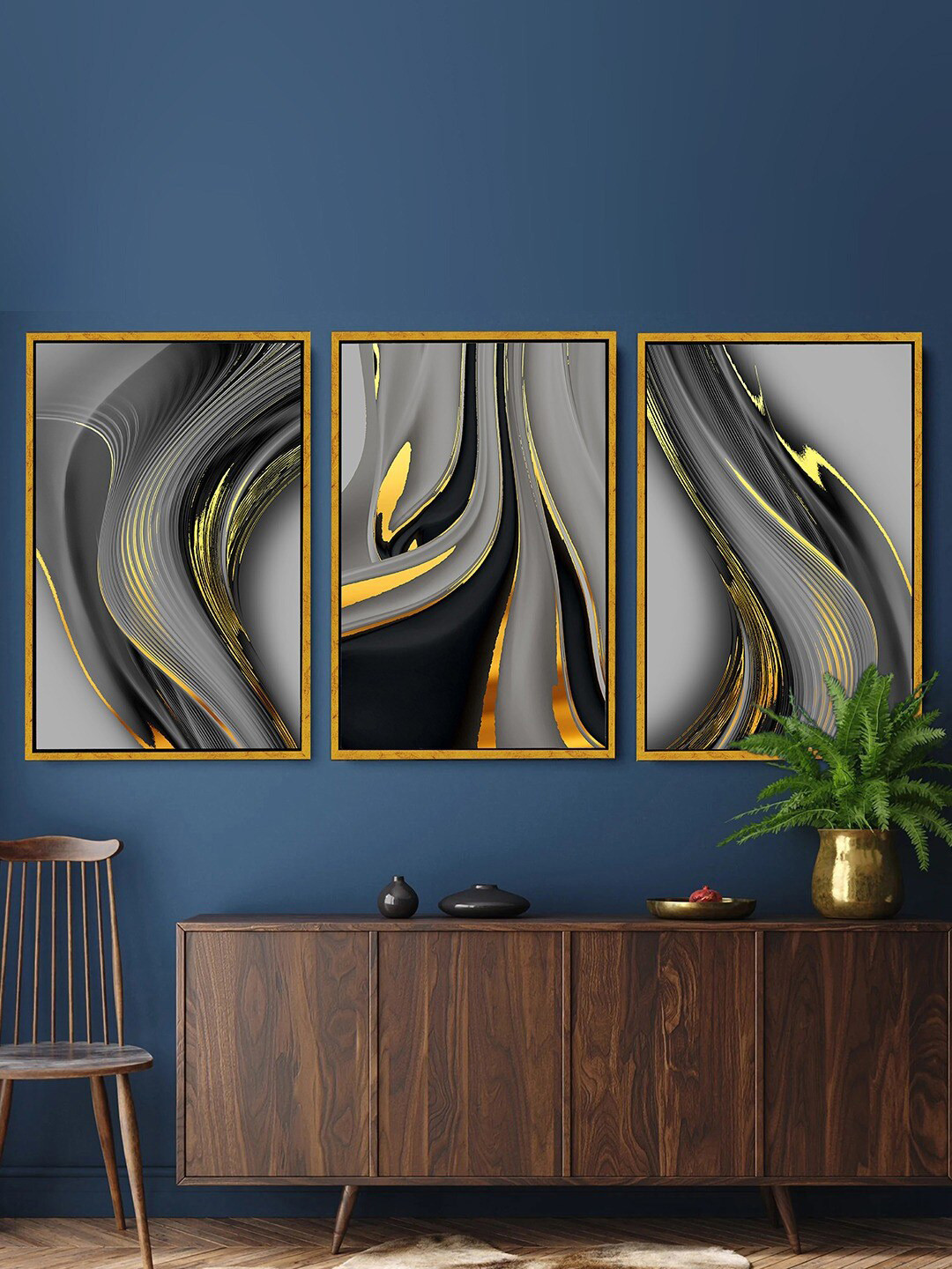 Art Street Gold Foil Lines Canvas 3 Piece Wall Rectangle Paintings Wall Art - 54 x 23 in