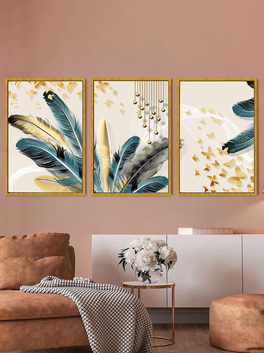 Art Street Beige & Yellow 3 Pieces Feather & Butterfly Painting Canvas Wall Arts