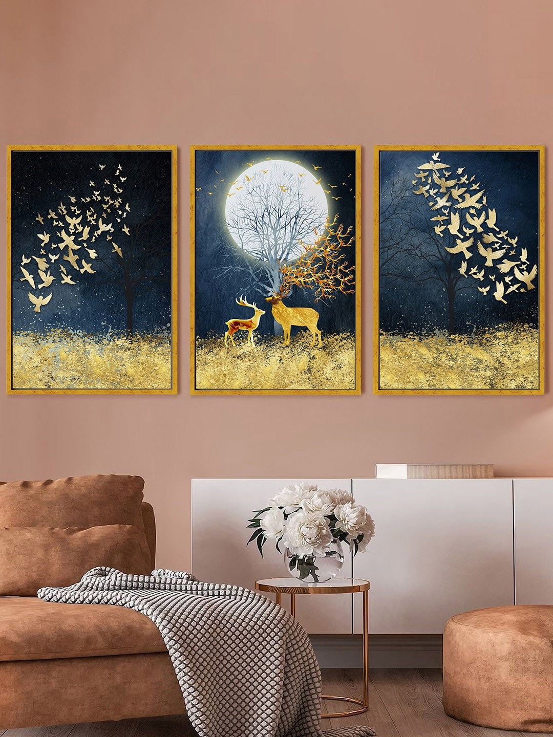 Art Street Golden Dear Canvas 3 Piece Wall Rectangle Paintings Wall Art -23 x 17 In