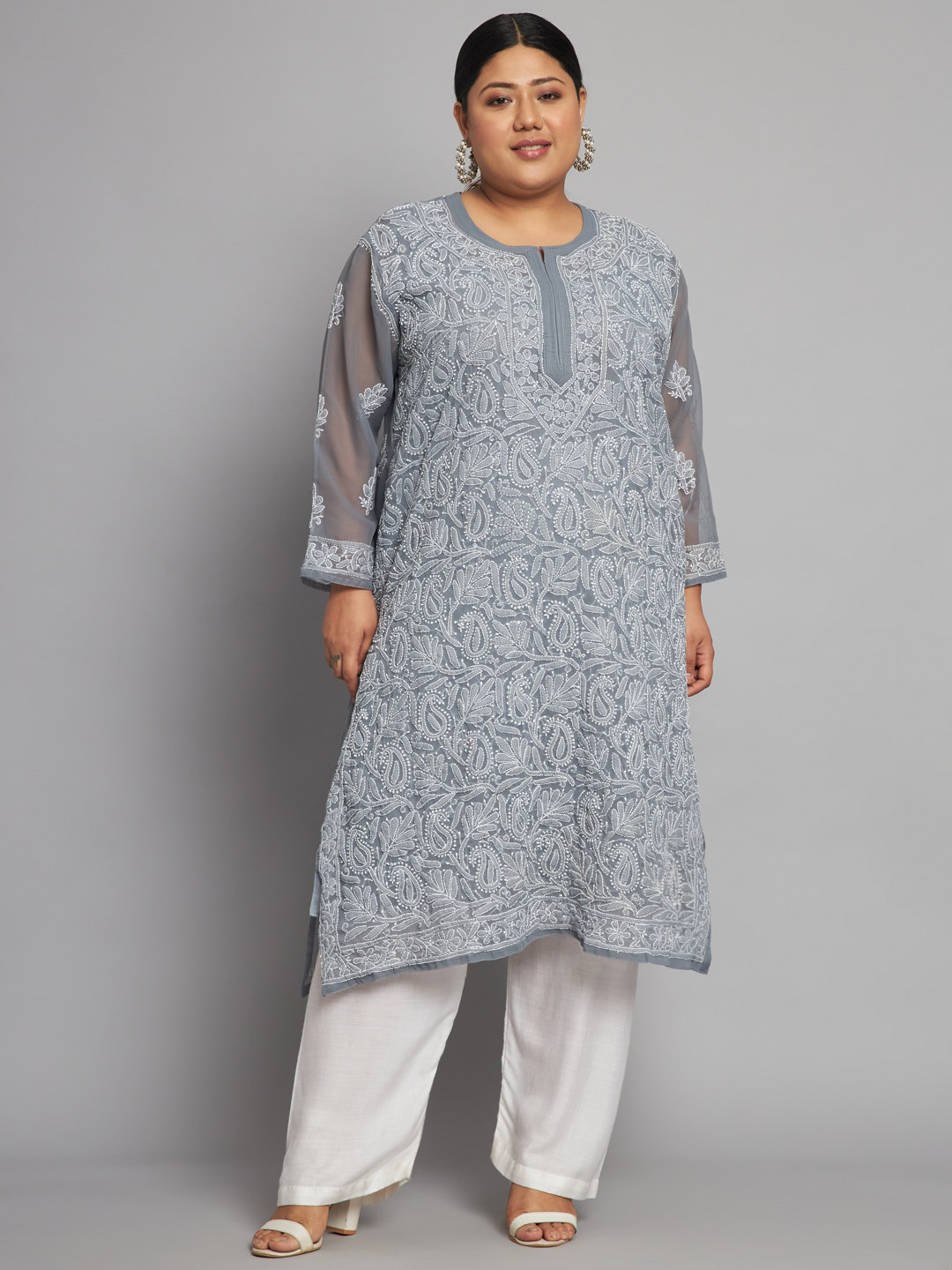Indiankala4u Women Grey Ethnic Motifs Embroidered Flared Sleeves Chikankari Georgette Kurta
