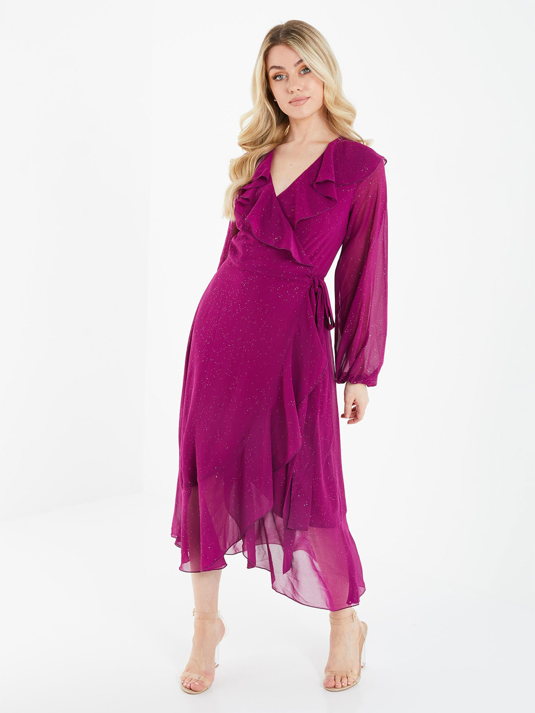 QUIZ V-Neck Puff Sleeves Ruffle Detail Chiffon Wrap Dress