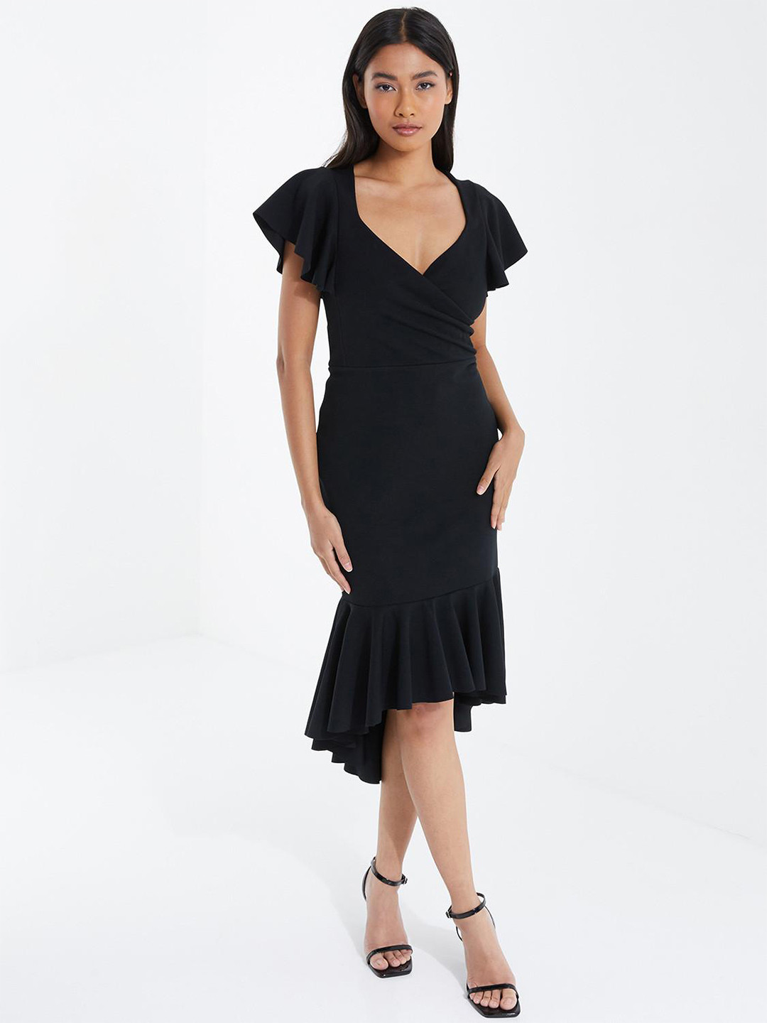 QUIZ Black Flutter Sleeve Scuba Sheath Midi Dress