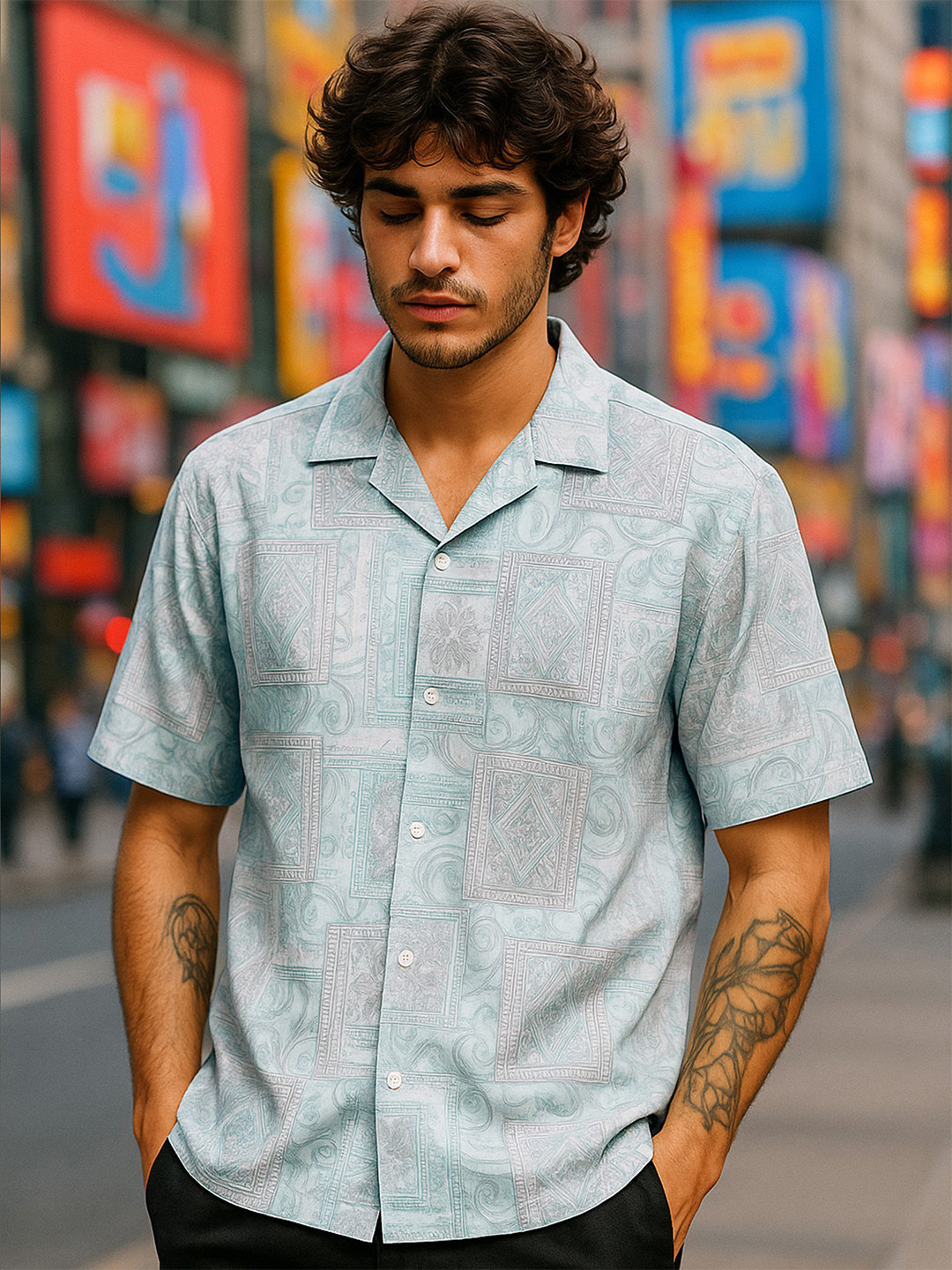 Maniac Trim Ethnic Motifs Printed Cuban Collar Casual Shirt