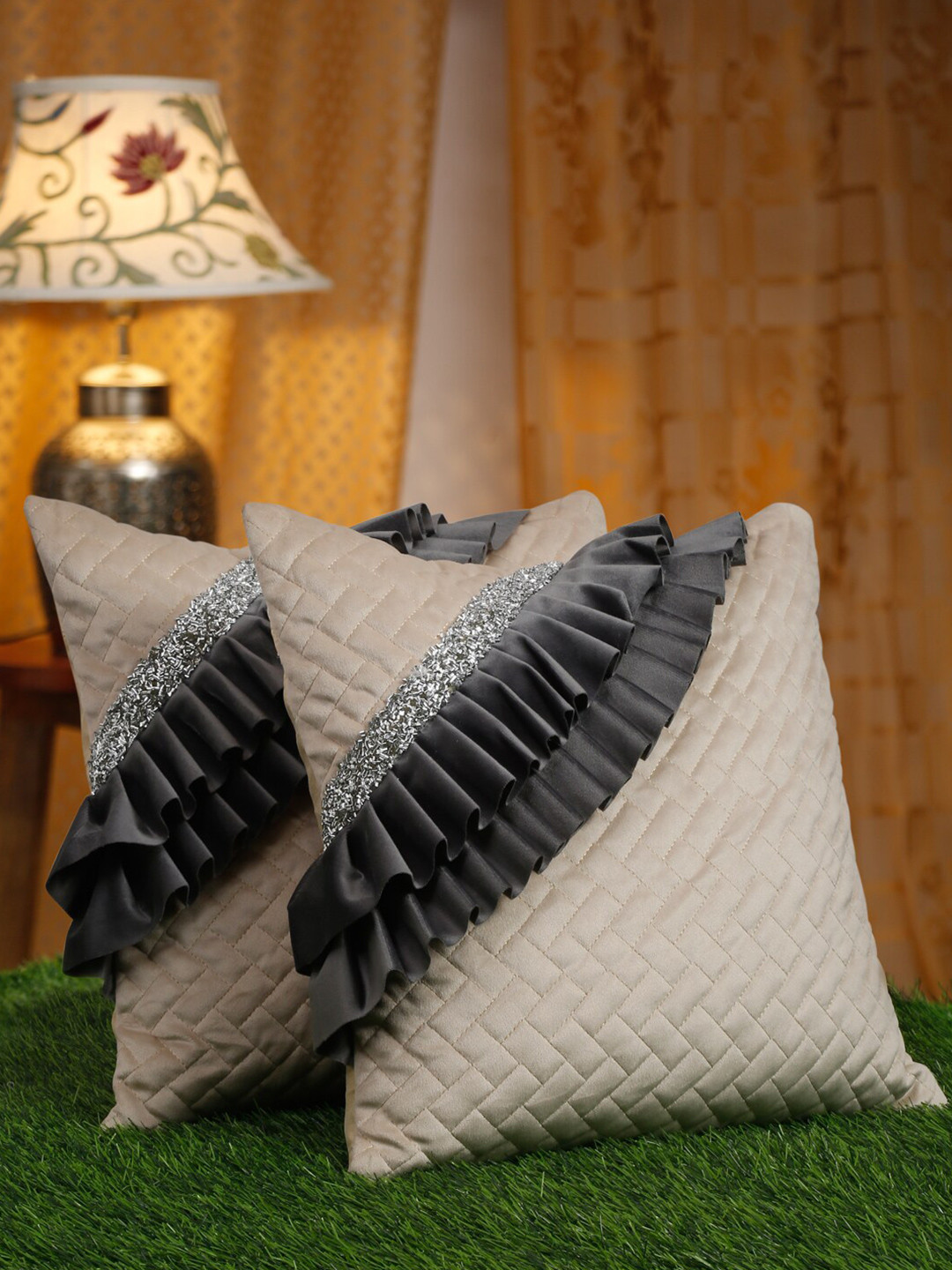 HOSTA HOMES 2 Pieces Cream-Coloured & Black Quilted Velvet Square Cushion Covers