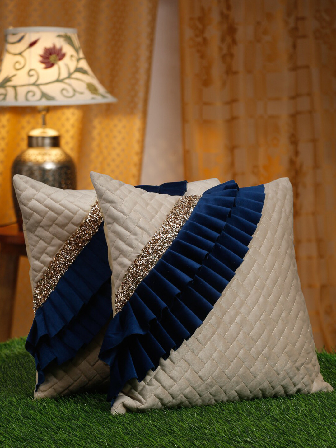 HOSTA HOMES Frill Cream Embroidered Velvet Quilted 2 Pcs Cushion Covers - 20 x 20 Inches