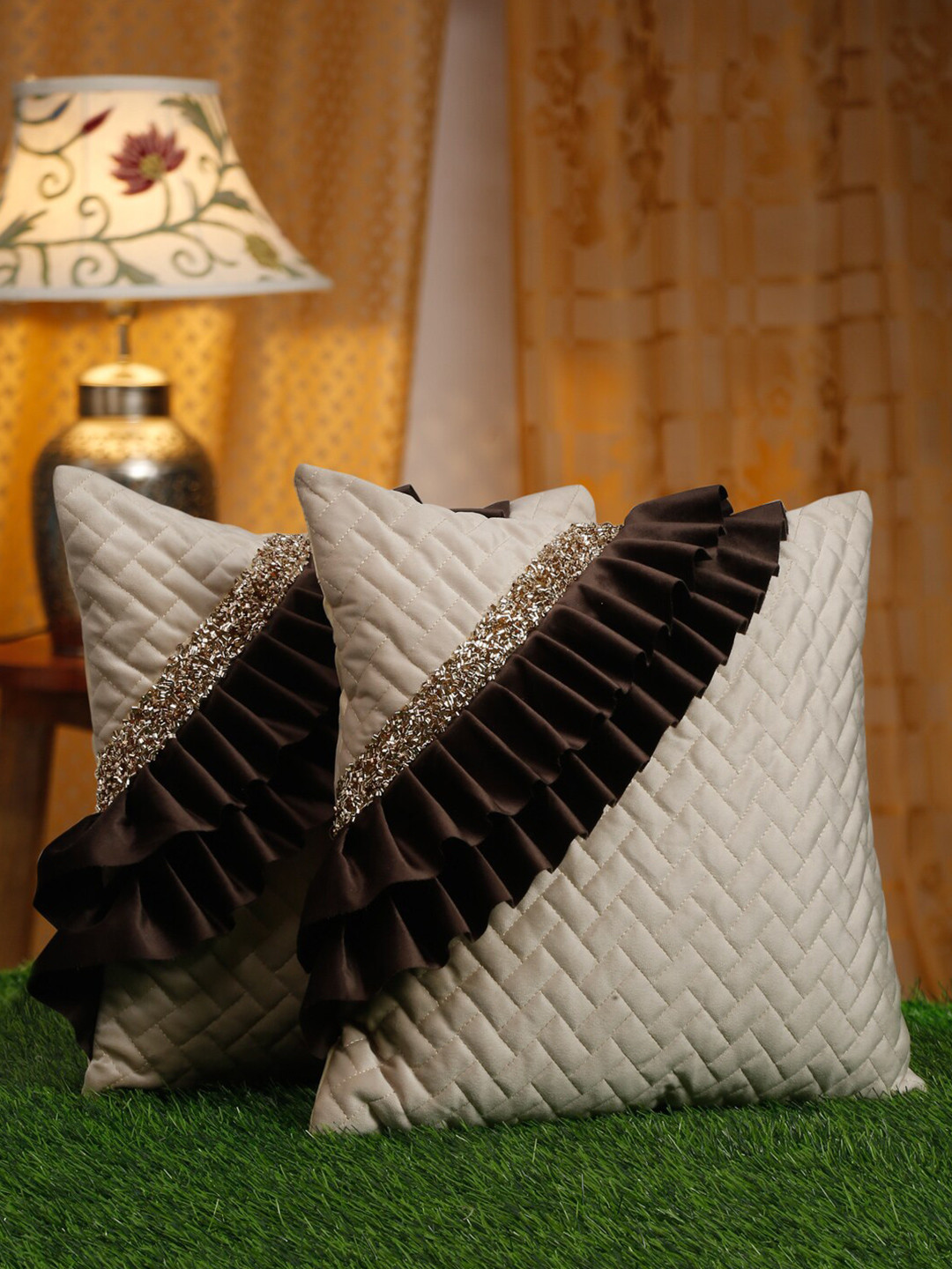 HOSTA HOMES 2 Pieces Cream-Coloured & Brown Quilted Velvet Square Cushion Covers