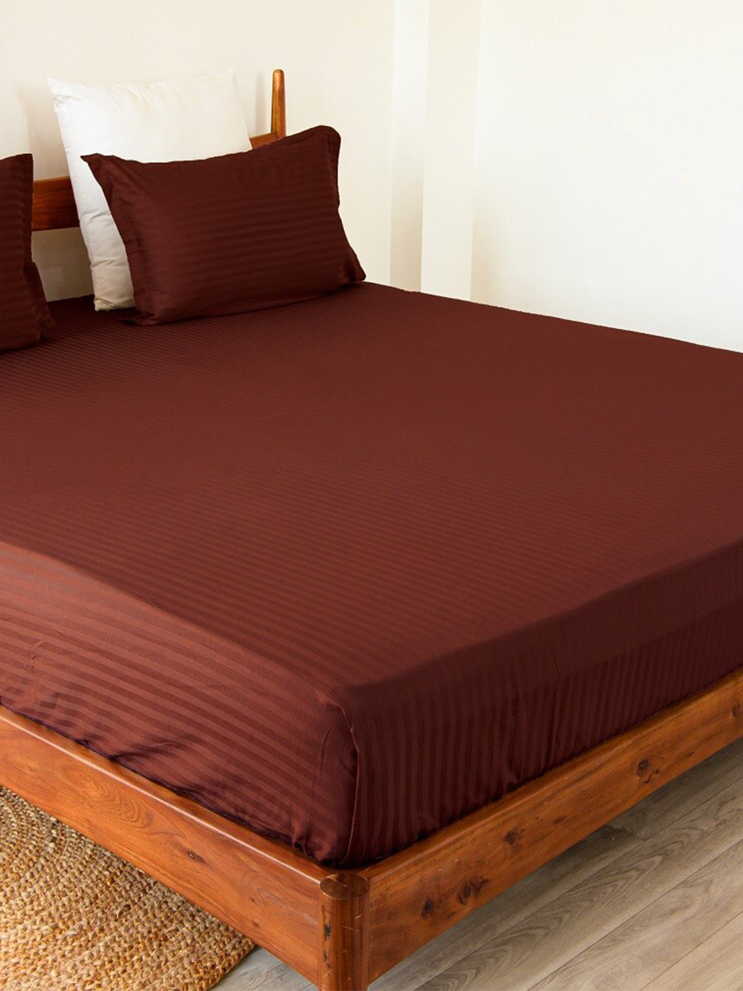 HOMEMONDE Vogue Maroon Striped Cotton 300 TC Fitted King Fine Bedsheet with 2 Pillow Covers-198 x 198 cm