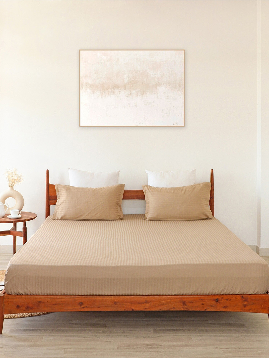 HOMEMONDE Timeless Sanganeri Taupe Striped Cotton 300 TC Fitted Queen Fine Bedsheet with 2 Pillow Covers-198 x 91 cm