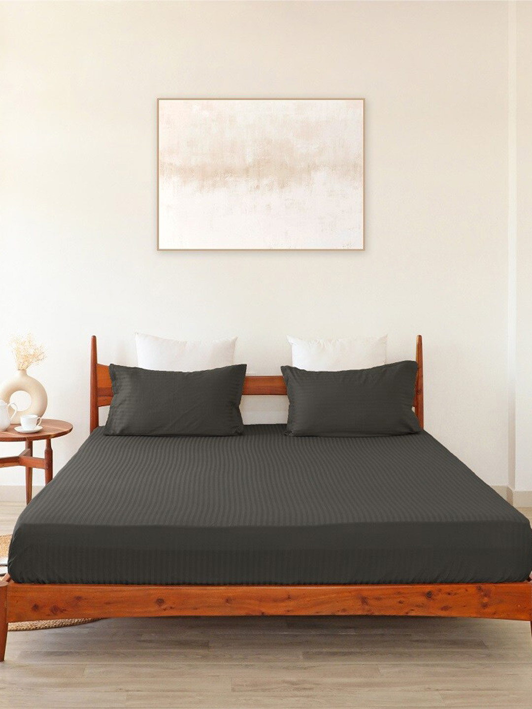 HOMEMONDE Amulya Grey Striped Cotton 300 TC Fitted Queen Fine Bedsheet with 2 Pillow Covers-18 x 23 inches