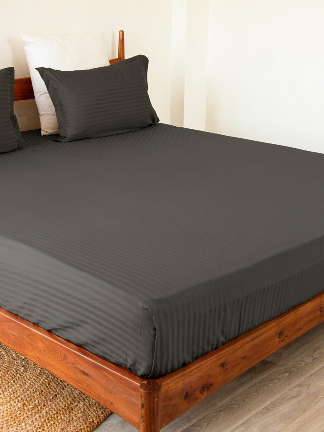 HOMEMONDE Grey Striped Cotton Breathable 300 TC Fitted Queen Fine Bedsheet with 2 Pillow Covers-198 x 167 cm